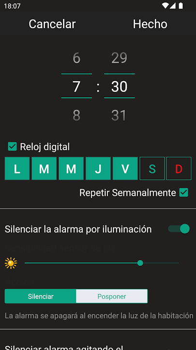 Configuración de alarma en modo oscuro
